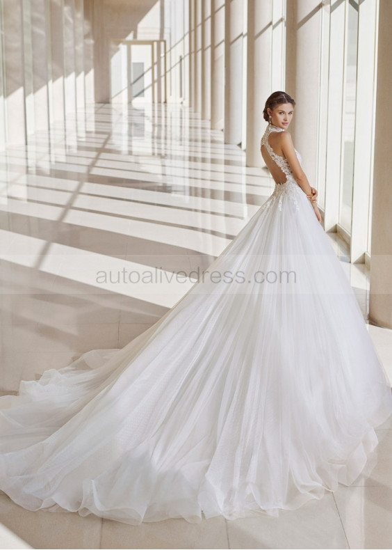 Elegant White Lace Dotted Tulle Keyhole Back Wedding Dress